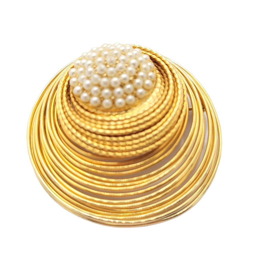 Large Gold Tone and Faux Pearl Brooch Vintage